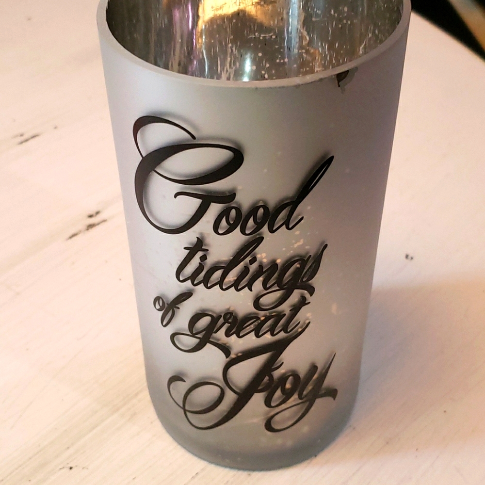 8" foiled mercury glass hurricane "good tidings"